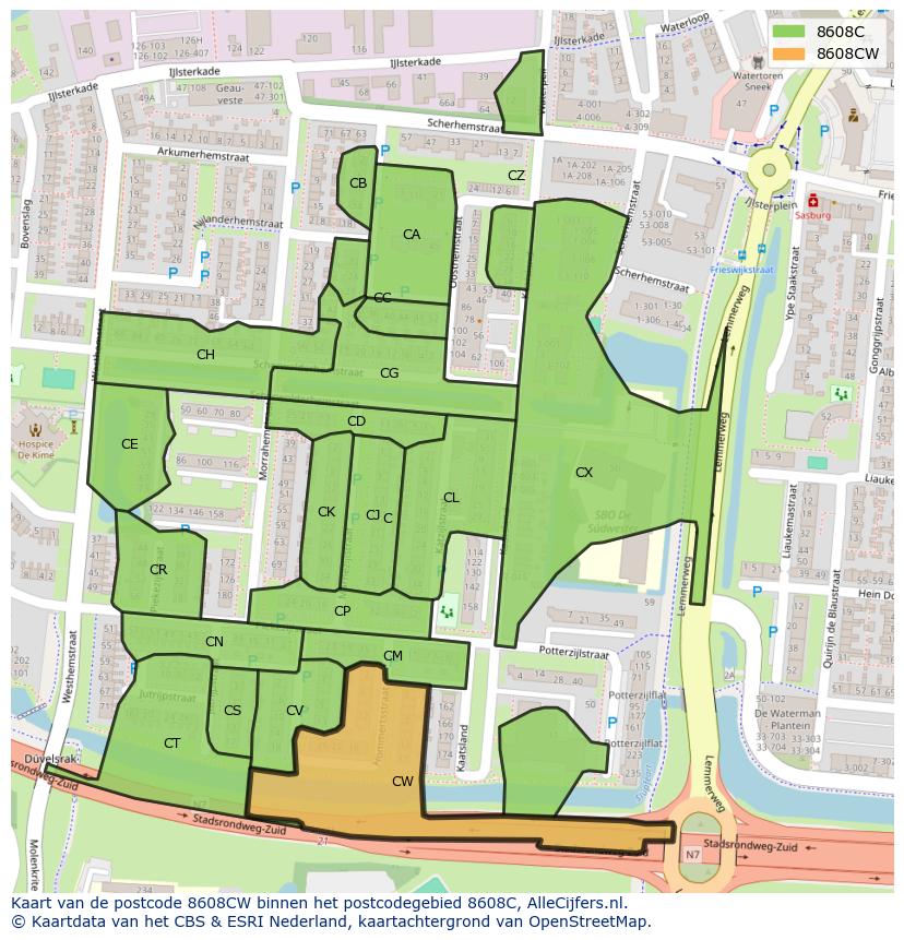 Afbeelding van het postcodegebied 8608 CW op de kaart.