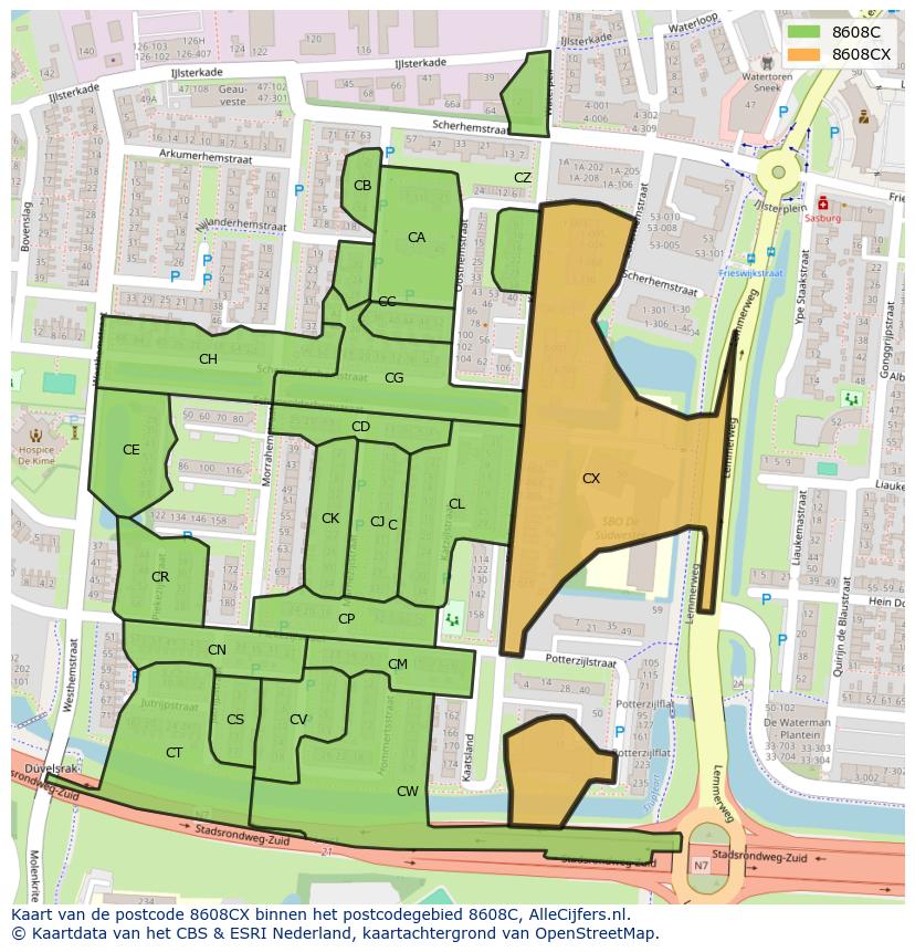 Afbeelding van het postcodegebied 8608 CX op de kaart.