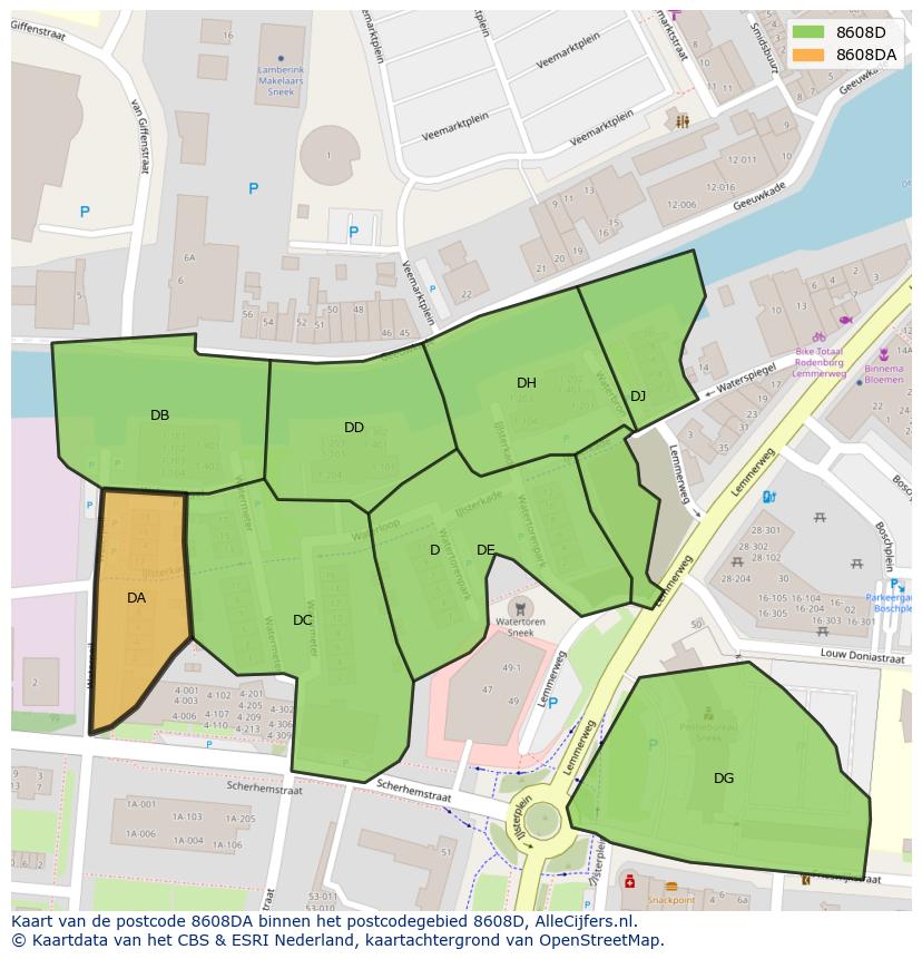 Afbeelding van het postcodegebied 8608 DA op de kaart.
