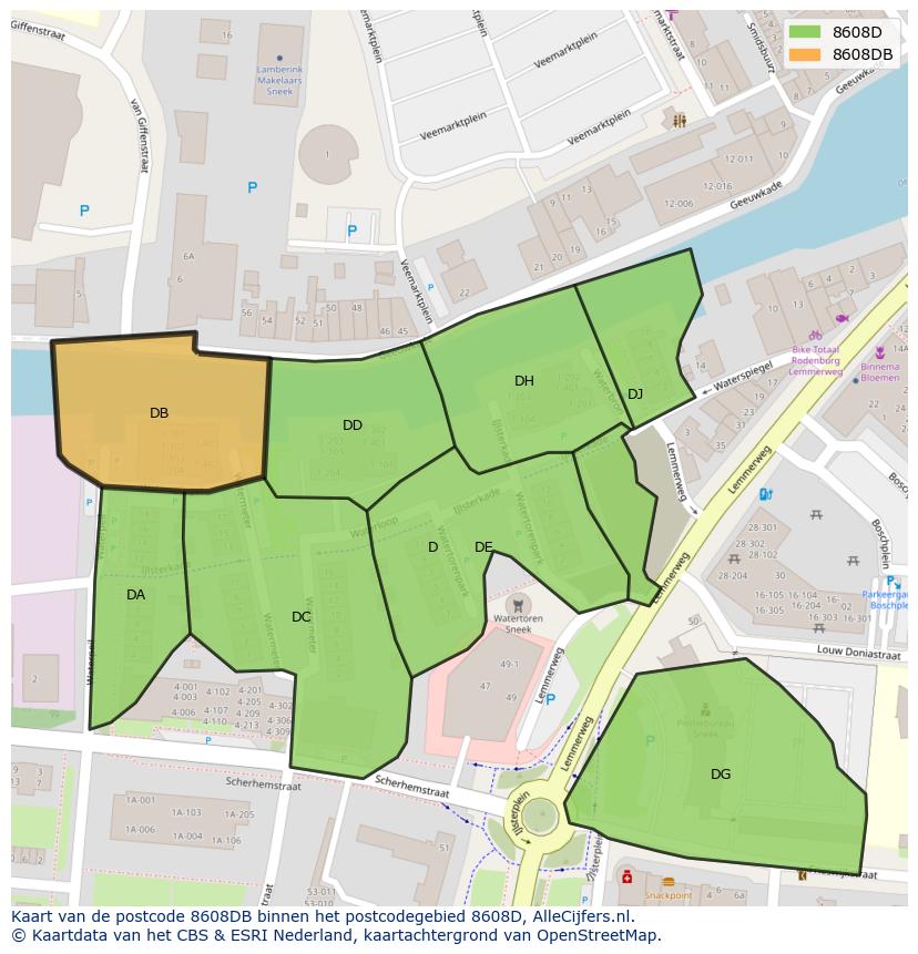 Afbeelding van het postcodegebied 8608 DB op de kaart.