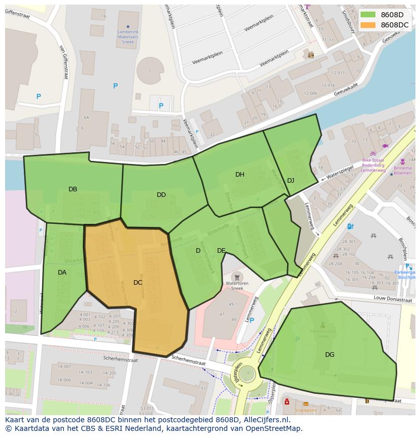 Afbeelding van het postcodegebied 8608 DC op de kaart.