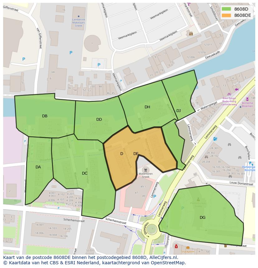 Afbeelding van het postcodegebied 8608 DE op de kaart.