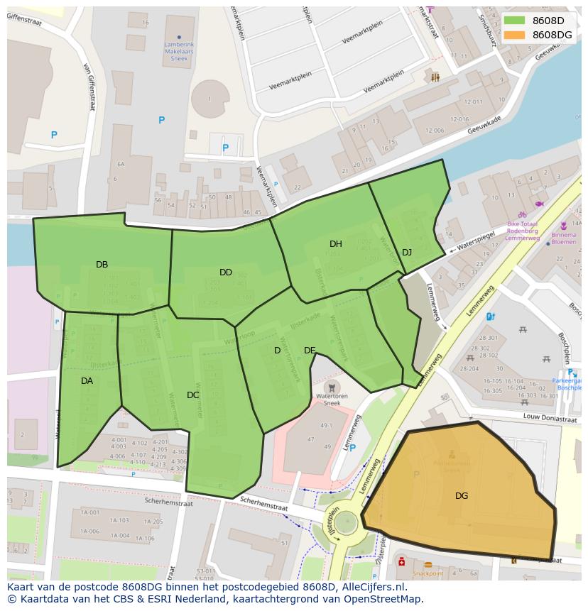 Afbeelding van het postcodegebied 8608 DG op de kaart.