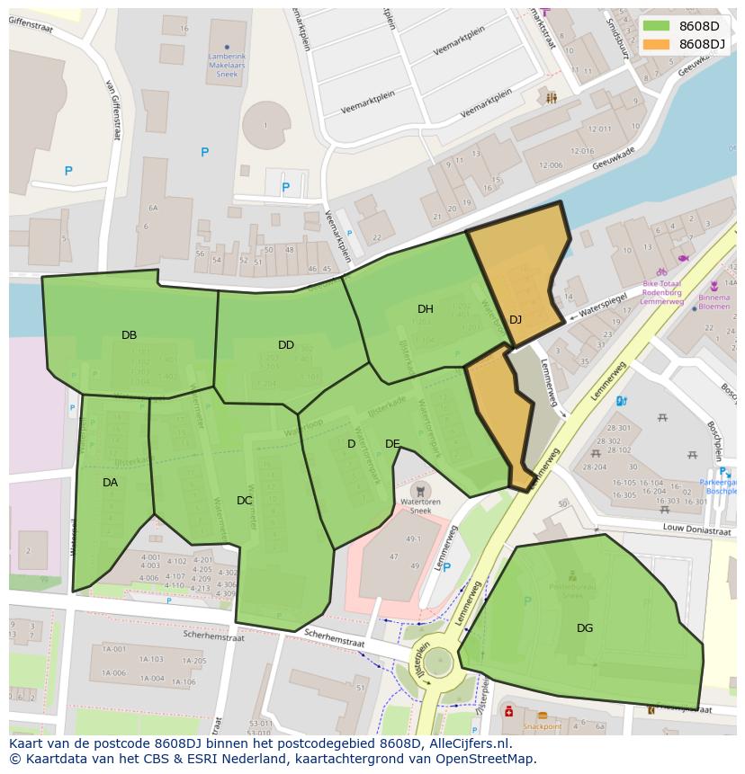 Afbeelding van het postcodegebied 8608 DJ op de kaart.