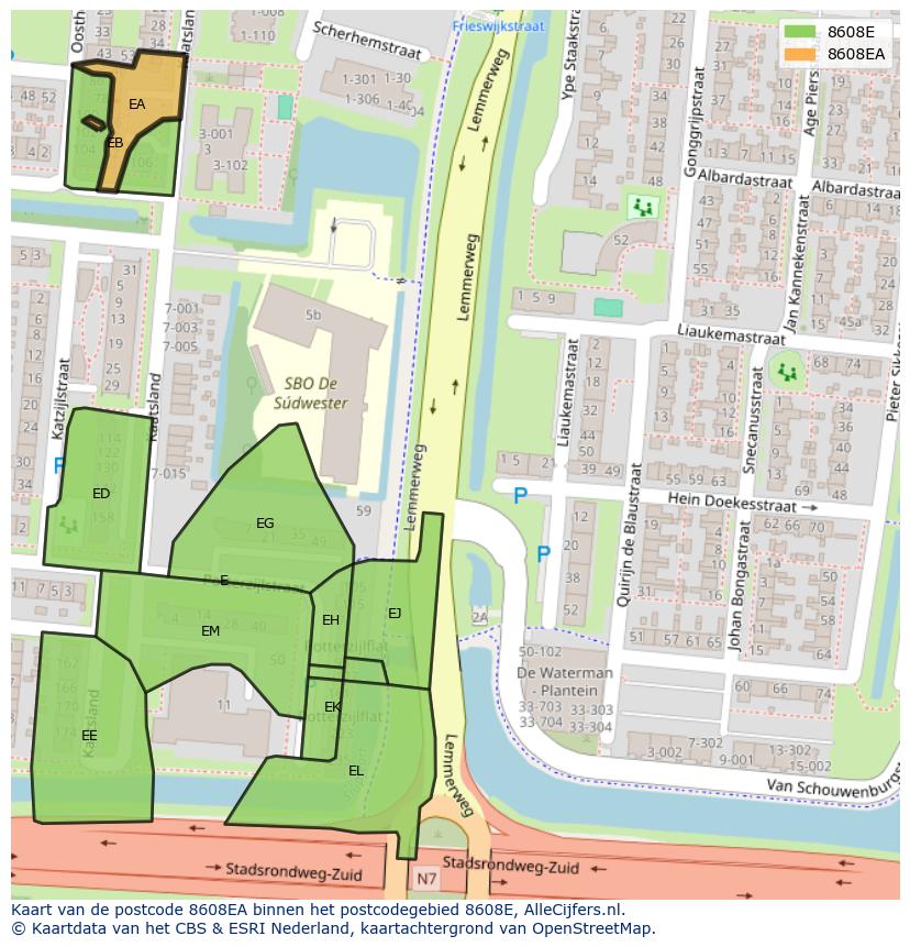 Afbeelding van het postcodegebied 8608 EA op de kaart.