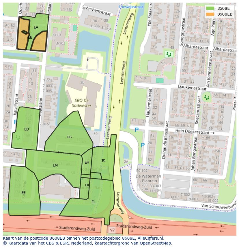 Afbeelding van het postcodegebied 8608 EB op de kaart.
