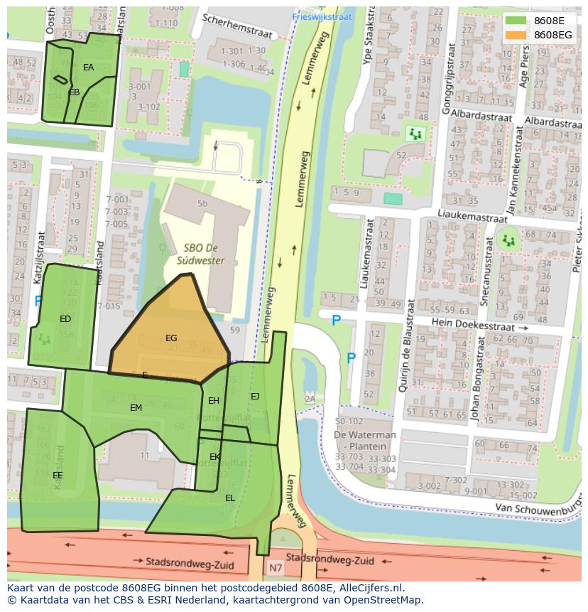Afbeelding van het postcodegebied 8608 EG op de kaart.