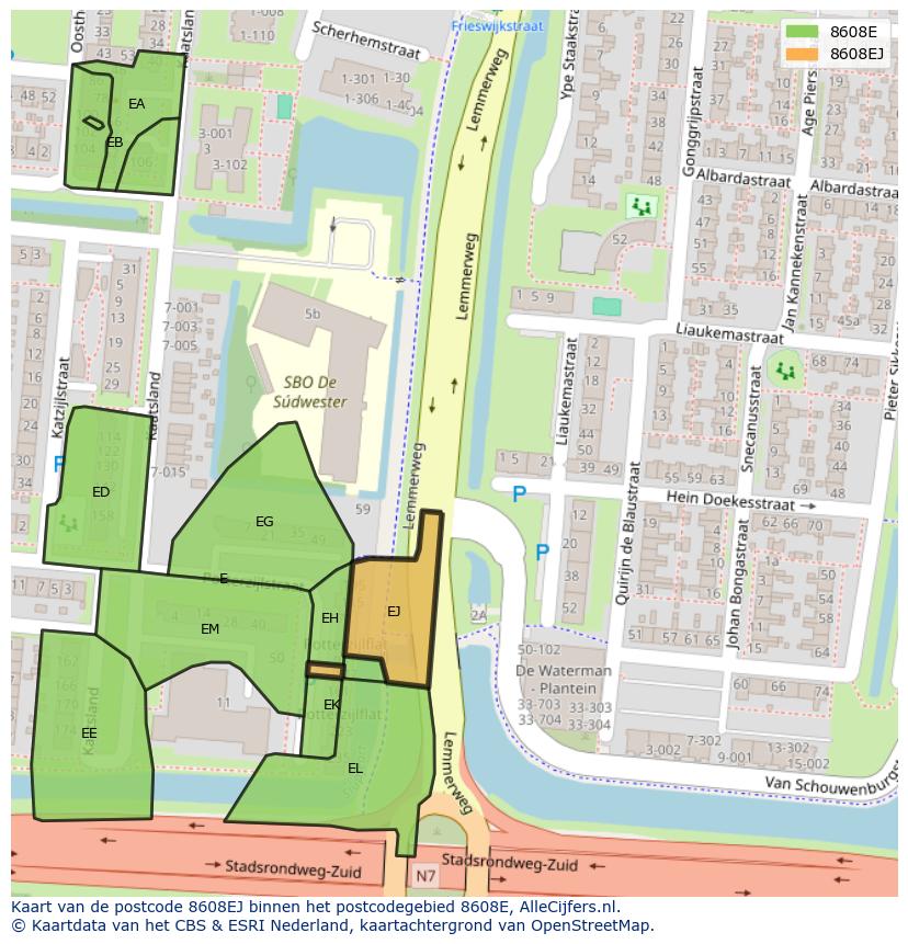 Afbeelding van het postcodegebied 8608 EJ op de kaart.