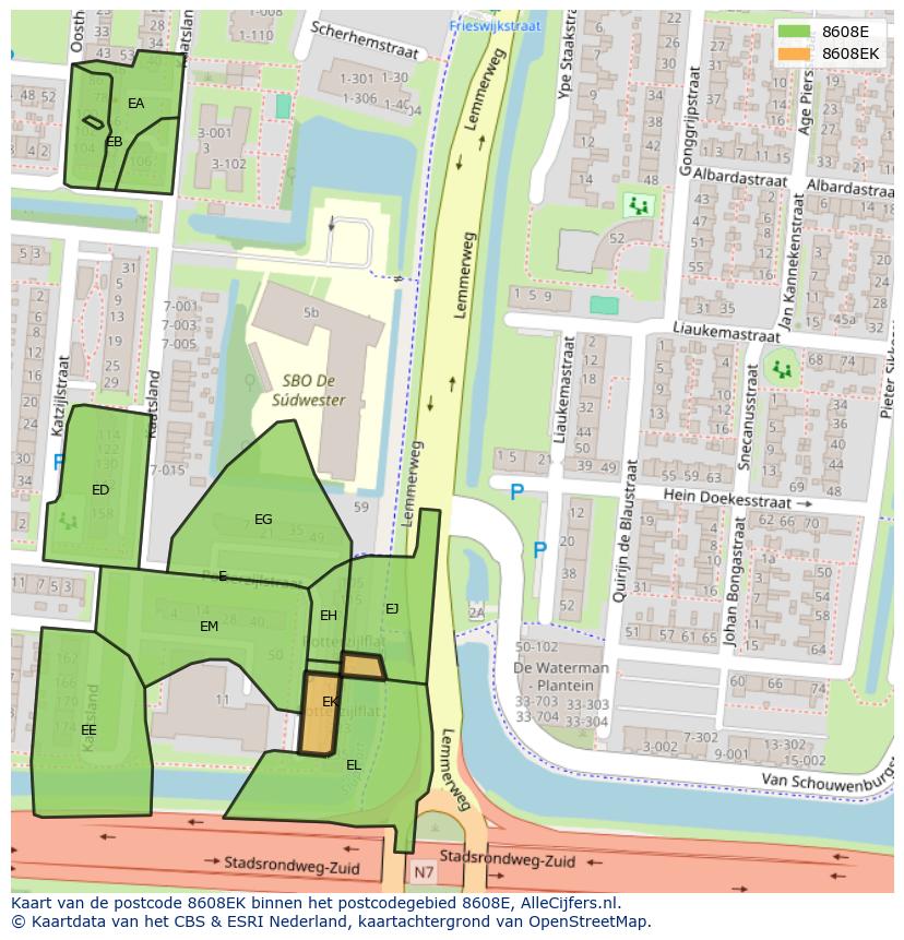 Afbeelding van het postcodegebied 8608 EK op de kaart.