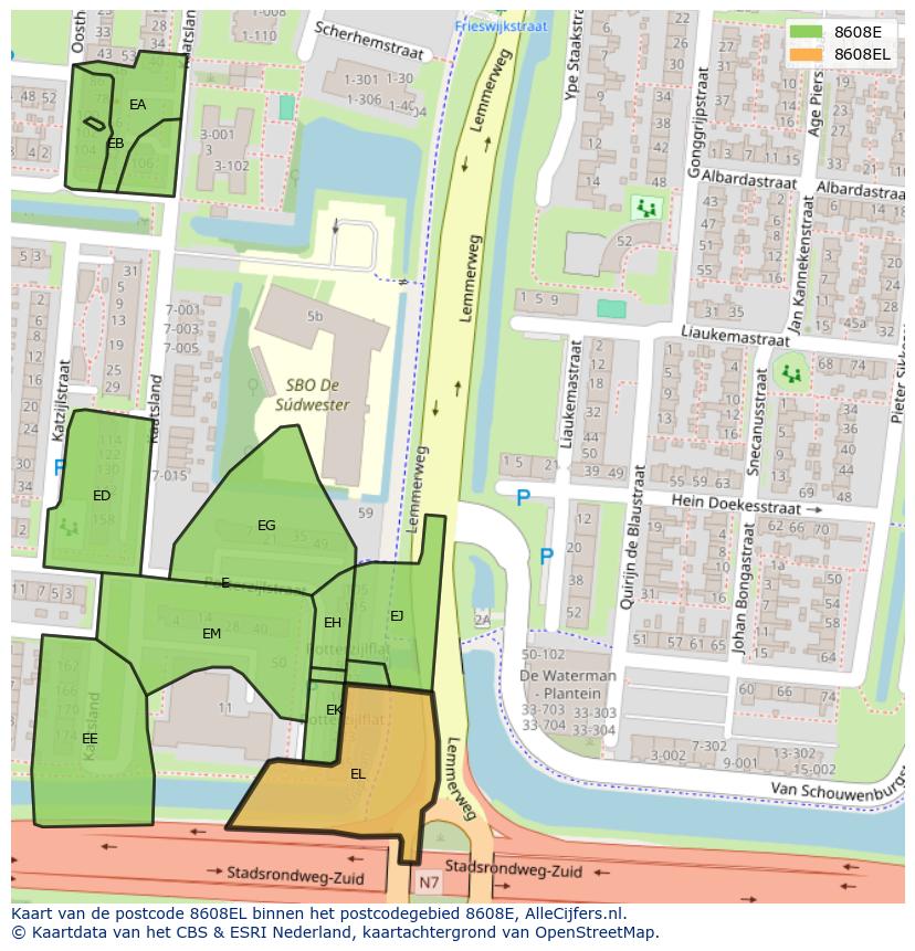 Afbeelding van het postcodegebied 8608 EL op de kaart.