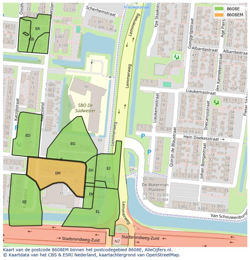 Afbeelding van het postcodegebied 8608 EM op de kaart.