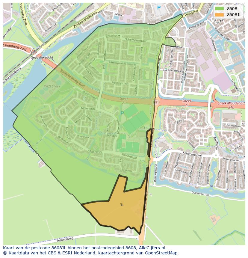 Afbeelding van het postcodegebied 8608 JL op de kaart.