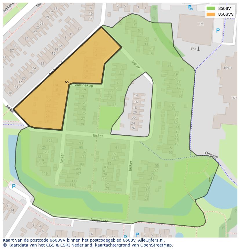 Afbeelding van het postcodegebied 8608 VV op de kaart.