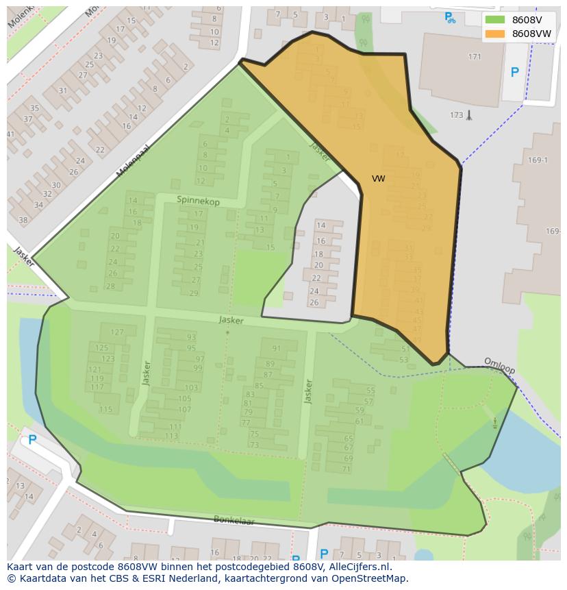 Afbeelding van het postcodegebied 8608 VW op de kaart.