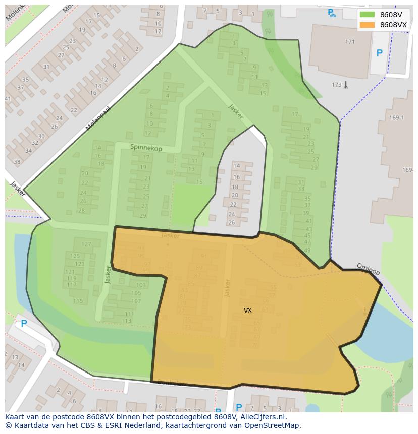 Afbeelding van het postcodegebied 8608 VX op de kaart.