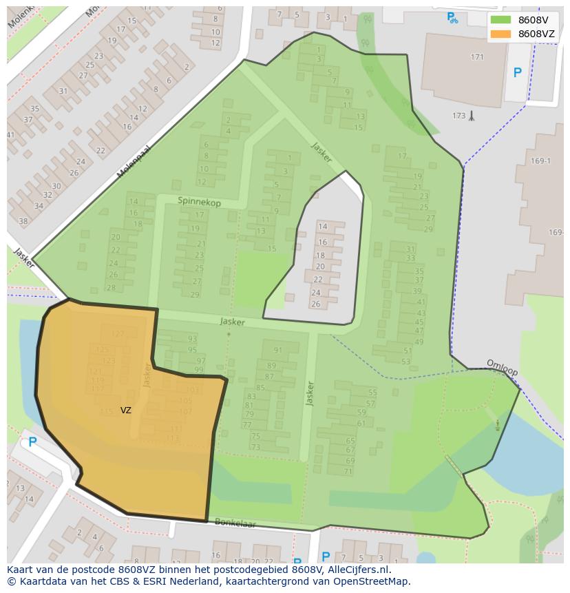 Afbeelding van het postcodegebied 8608 VZ op de kaart.