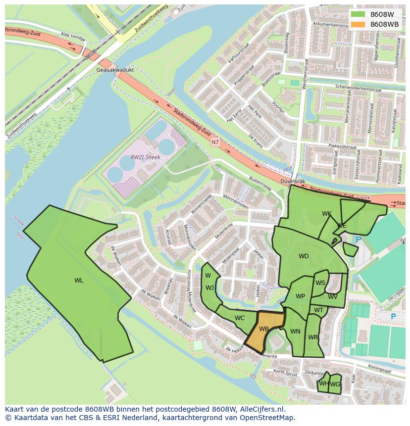 Afbeelding van het postcodegebied 8608 WB op de kaart.