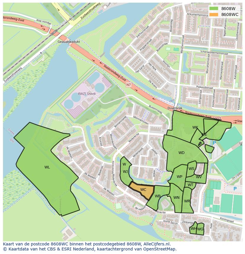 Afbeelding van het postcodegebied 8608 WC op de kaart.