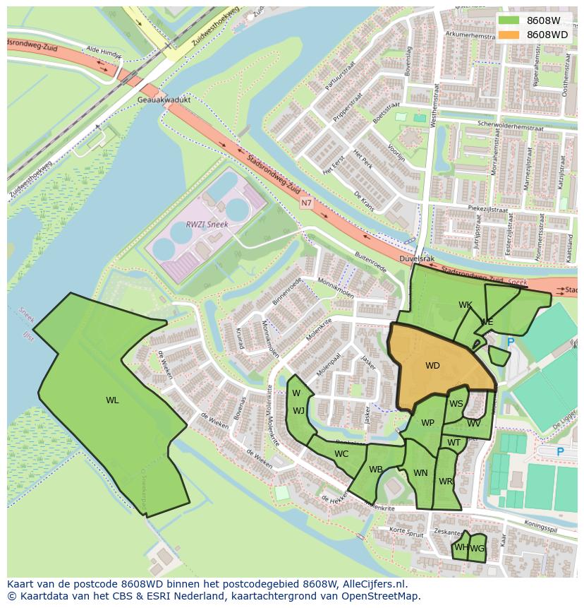 Afbeelding van het postcodegebied 8608 WD op de kaart.