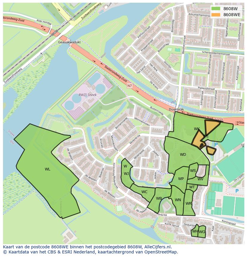 Afbeelding van het postcodegebied 8608 WE op de kaart.