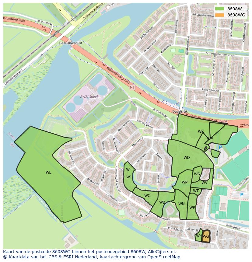 Afbeelding van het postcodegebied 8608 WG op de kaart.