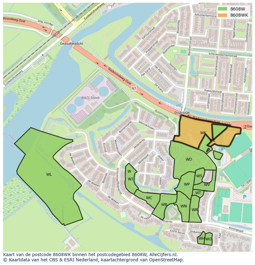 Afbeelding van het postcodegebied 8608 WK op de kaart.