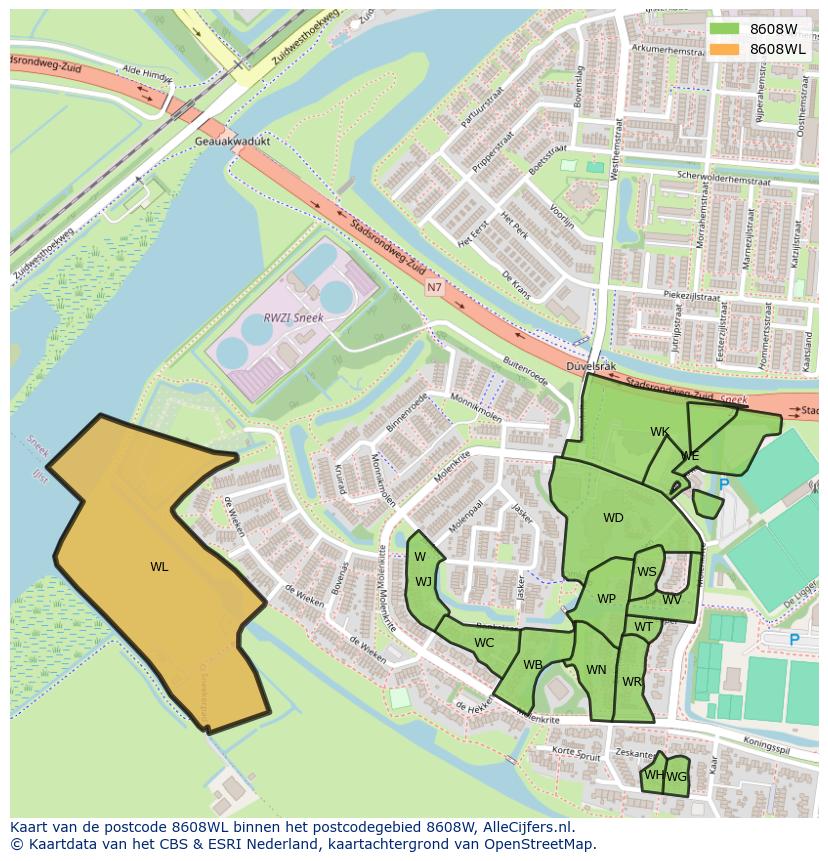 Afbeelding van het postcodegebied 8608 WL op de kaart.
