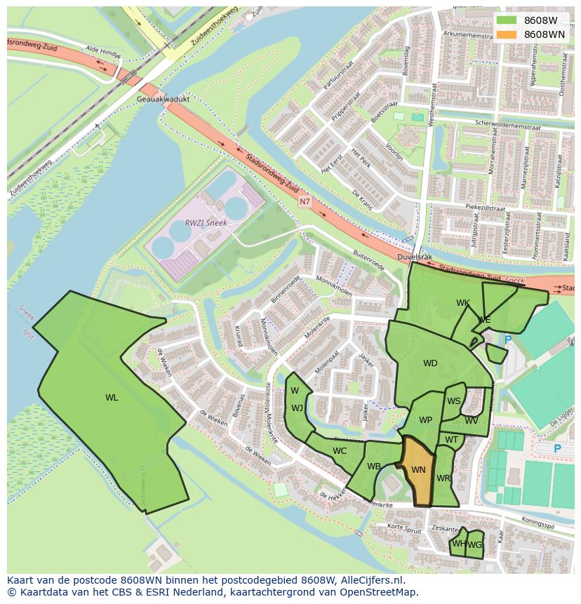 Afbeelding van het postcodegebied 8608 WN op de kaart.