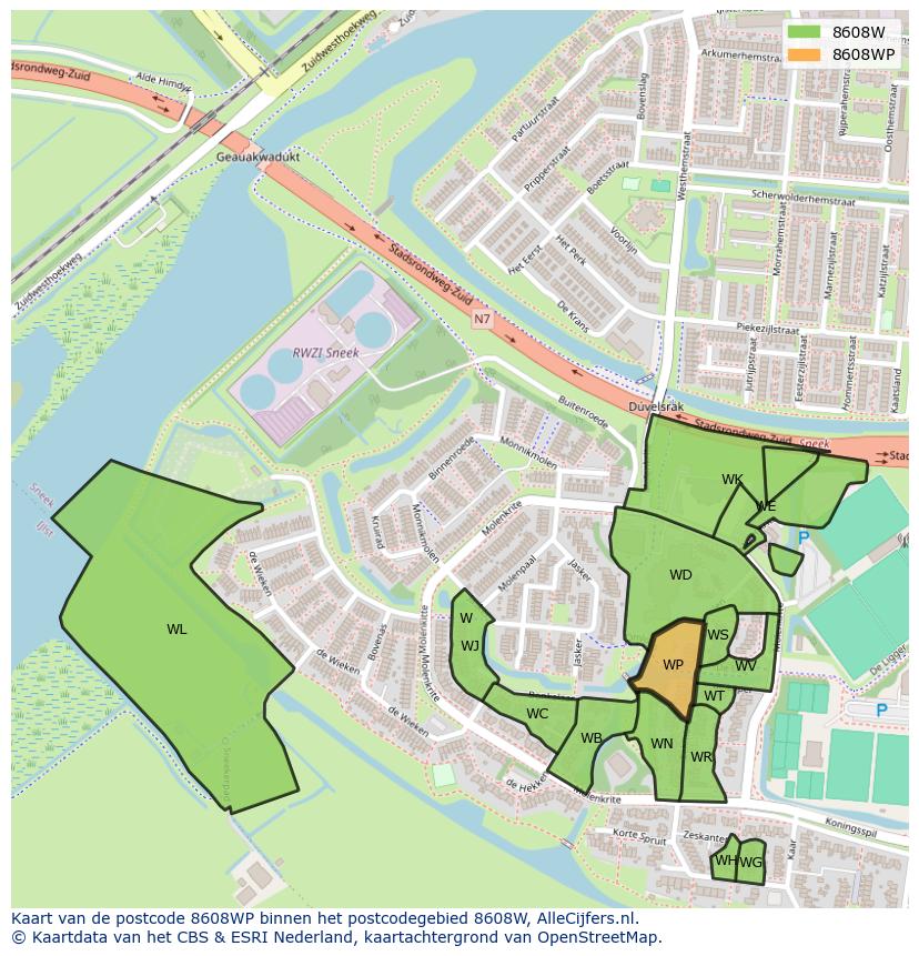 Afbeelding van het postcodegebied 8608 WP op de kaart.