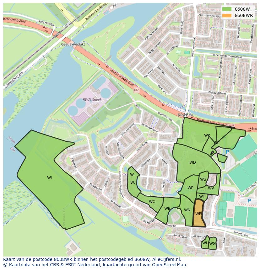 Afbeelding van het postcodegebied 8608 WR op de kaart.