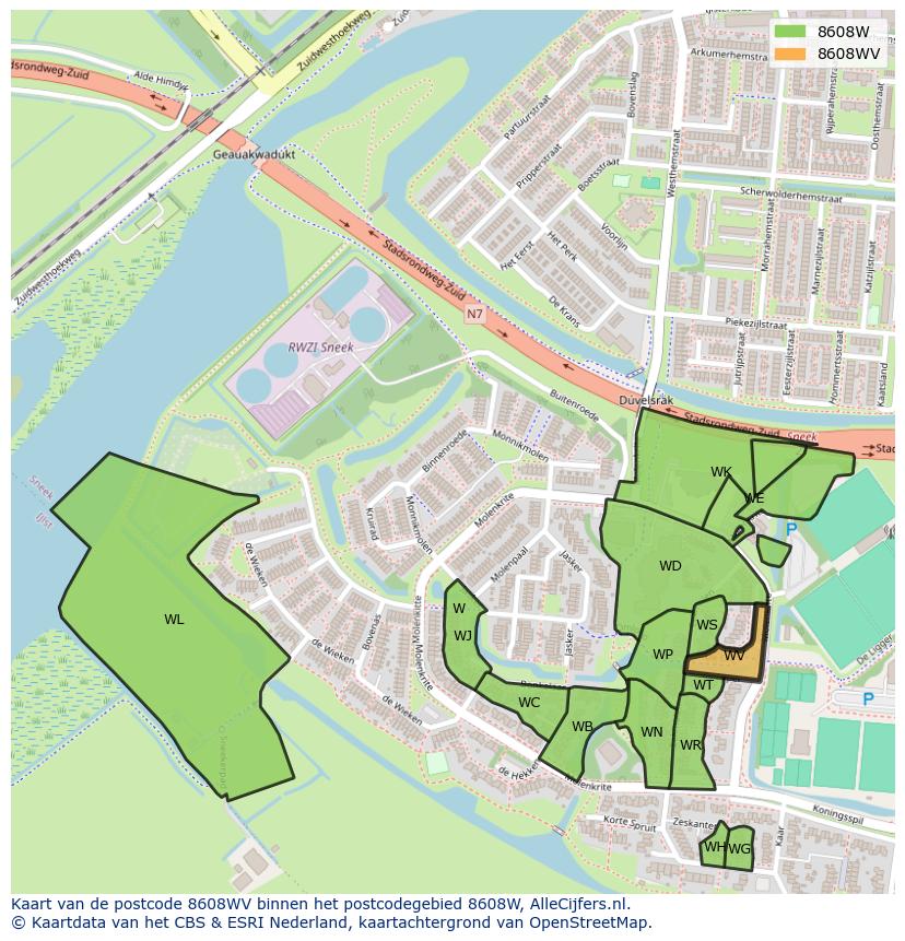 Afbeelding van het postcodegebied 8608 WV op de kaart.