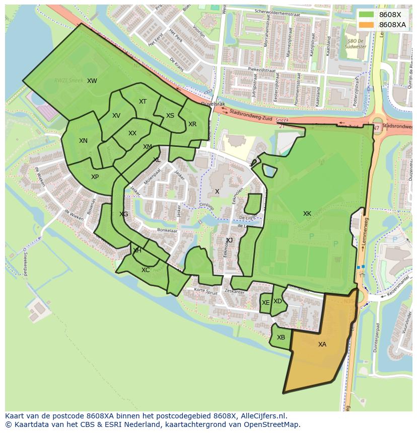 Afbeelding van het postcodegebied 8608 XA op de kaart.