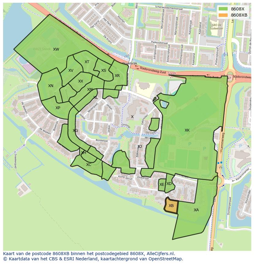 Afbeelding van het postcodegebied 8608 XB op de kaart.