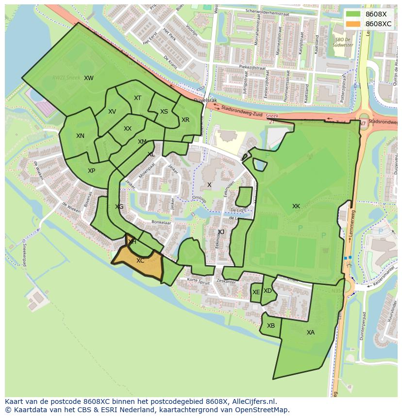 Afbeelding van het postcodegebied 8608 XC op de kaart.