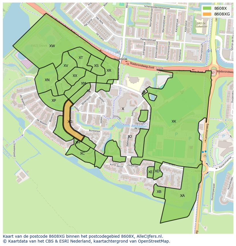 Afbeelding van het postcodegebied 8608 XG op de kaart.