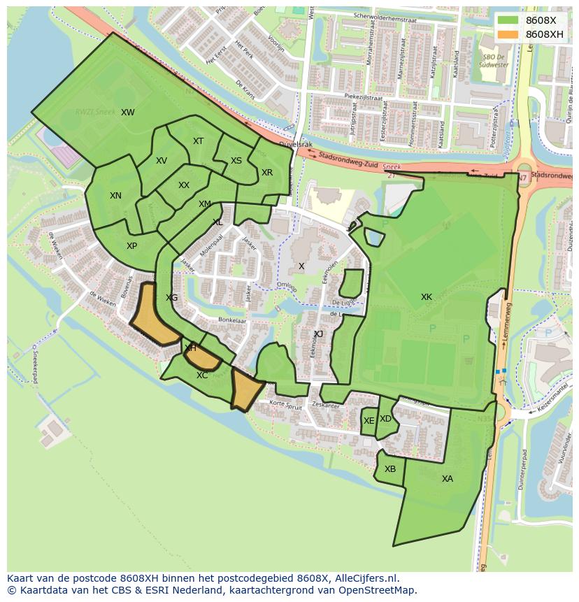 Afbeelding van het postcodegebied 8608 XH op de kaart.