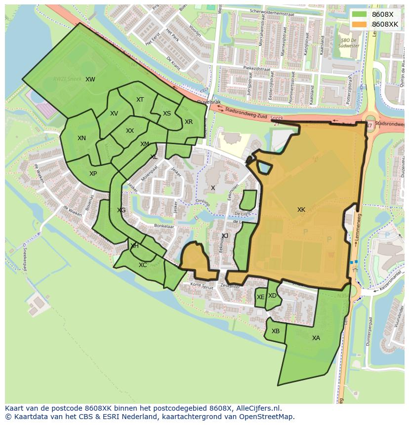 Afbeelding van het postcodegebied 8608 XK op de kaart.