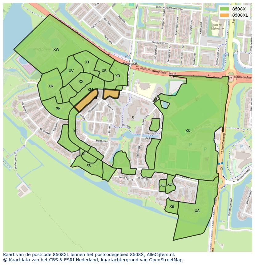 Afbeelding van het postcodegebied 8608 XL op de kaart.