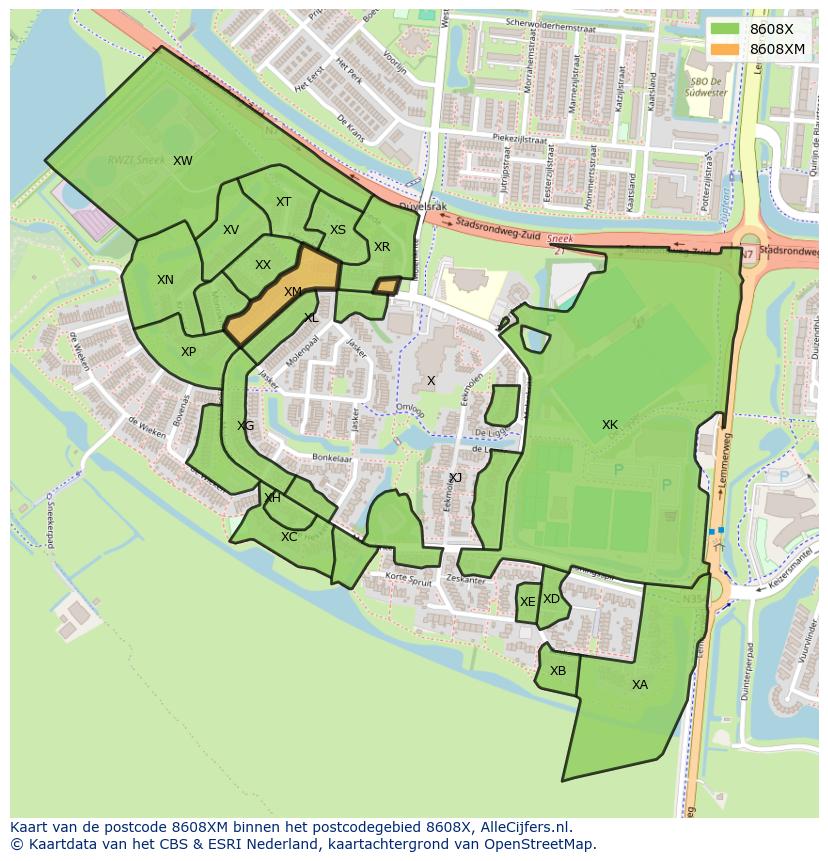 Afbeelding van het postcodegebied 8608 XM op de kaart.