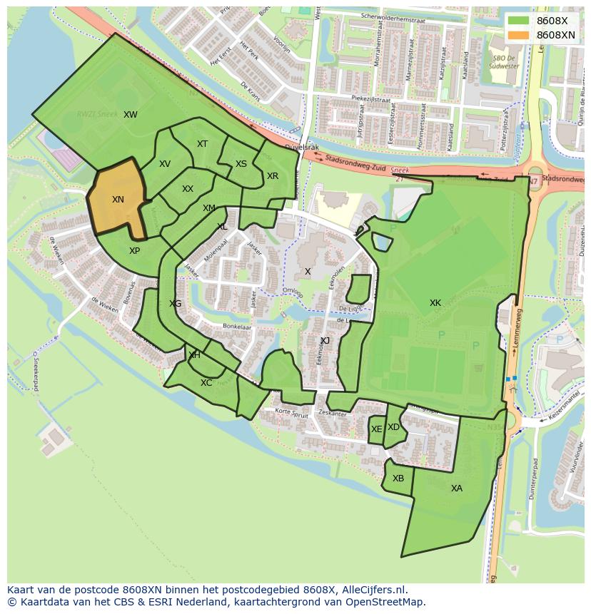 Afbeelding van het postcodegebied 8608 XN op de kaart.