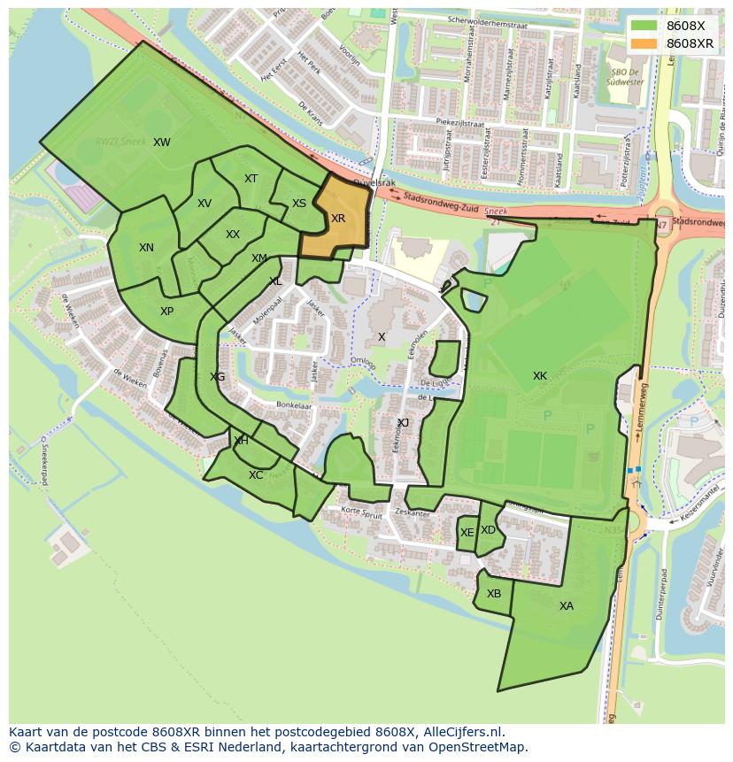 Afbeelding van het postcodegebied 8608 XR op de kaart.