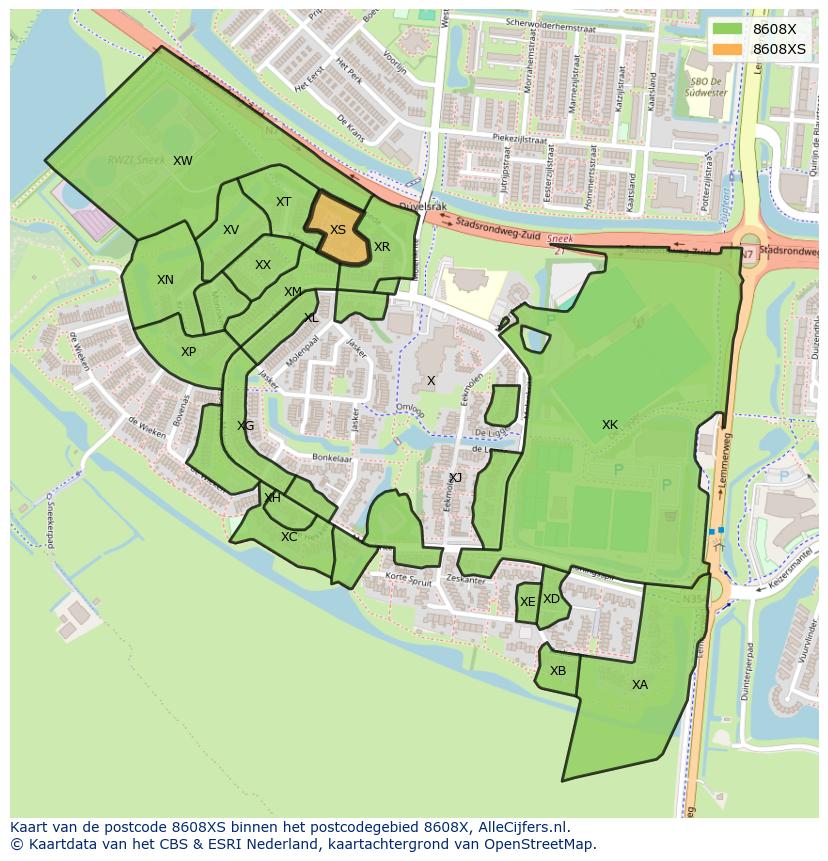 Afbeelding van het postcodegebied 8608 XS op de kaart.