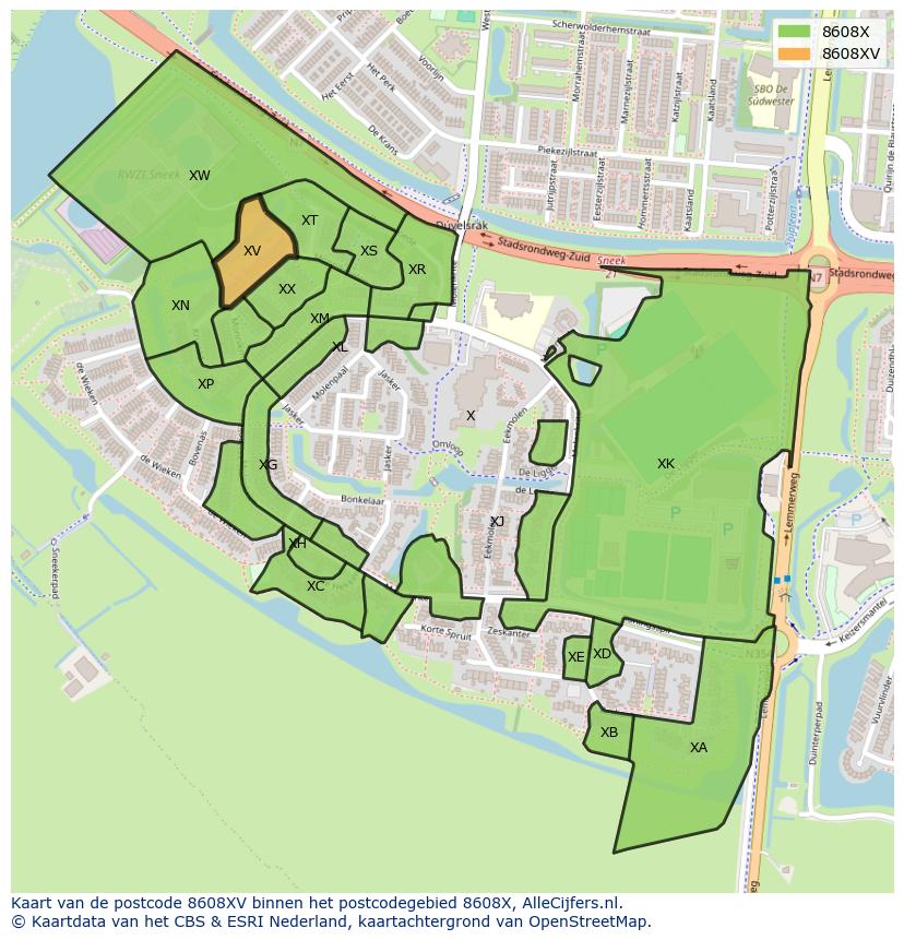 Afbeelding van het postcodegebied 8608 XV op de kaart.