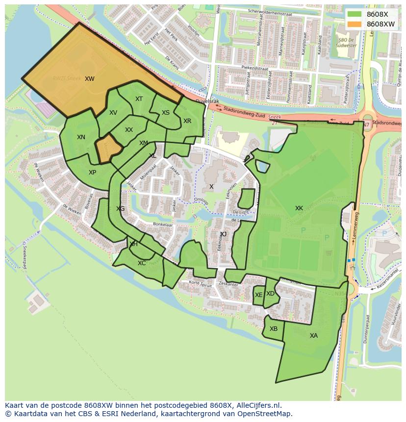 Afbeelding van het postcodegebied 8608 XW op de kaart.