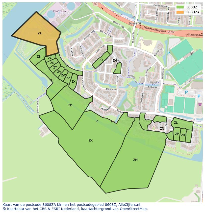 Afbeelding van het postcodegebied 8608 ZA op de kaart.