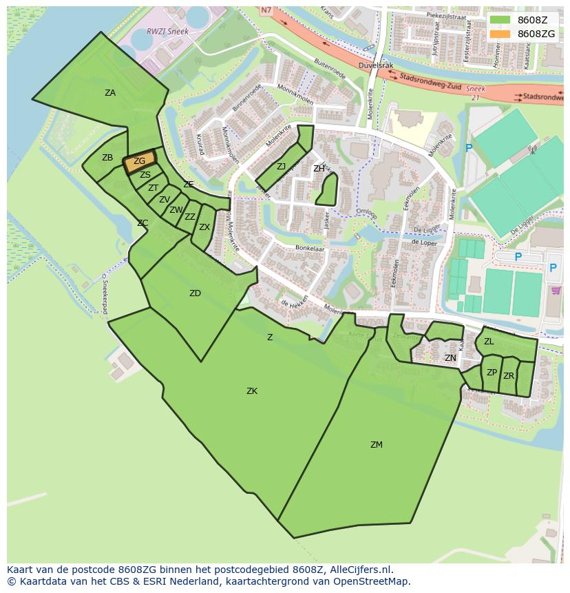Afbeelding van het postcodegebied 8608 ZG op de kaart.