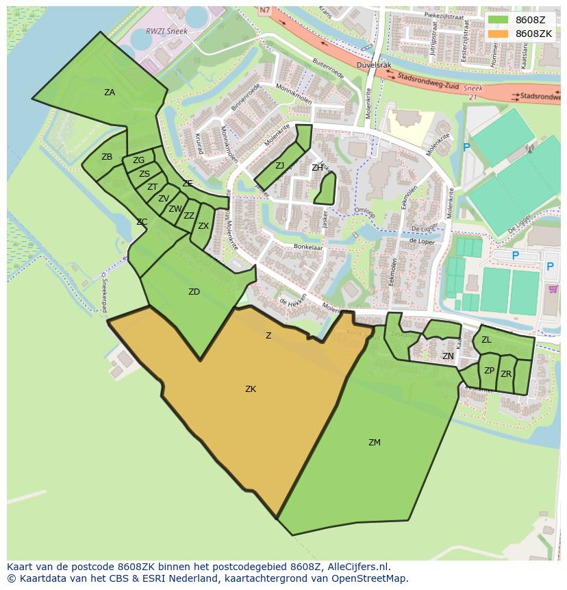 Afbeelding van het postcodegebied 8608 ZK op de kaart.