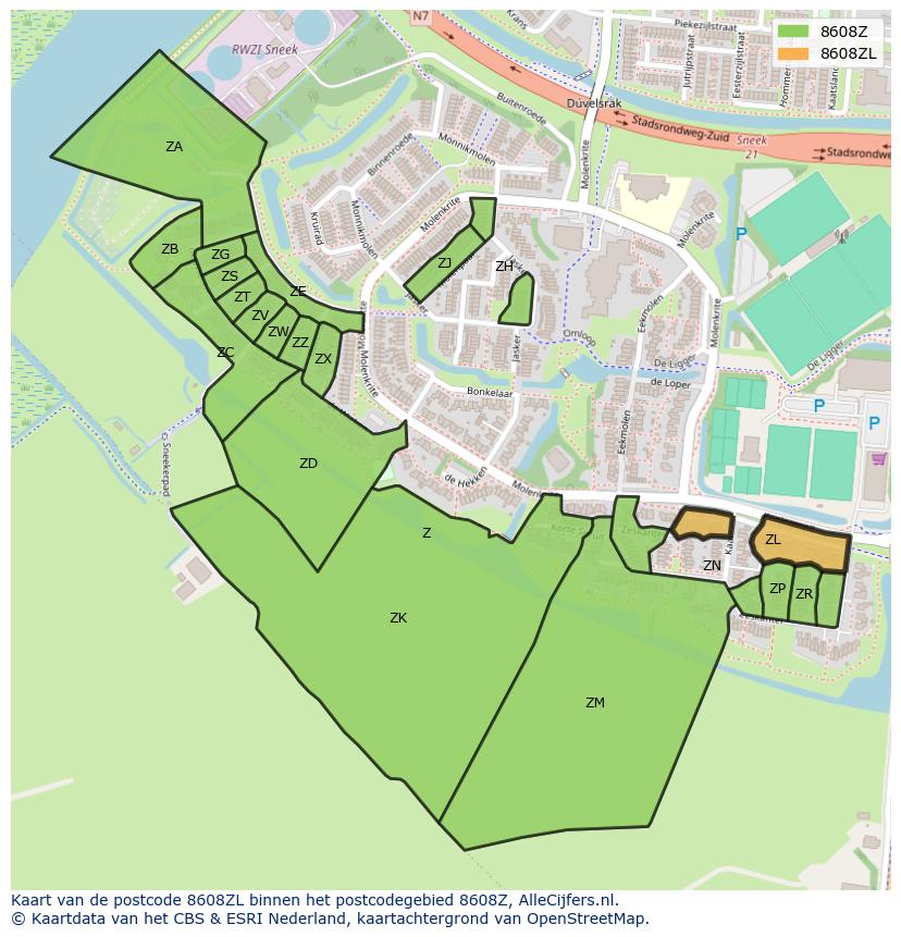 Afbeelding van het postcodegebied 8608 ZL op de kaart.