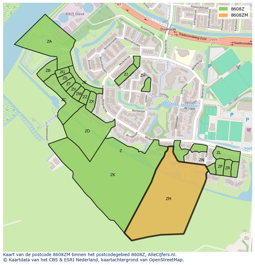 Afbeelding van het postcodegebied 8608 ZM op de kaart.