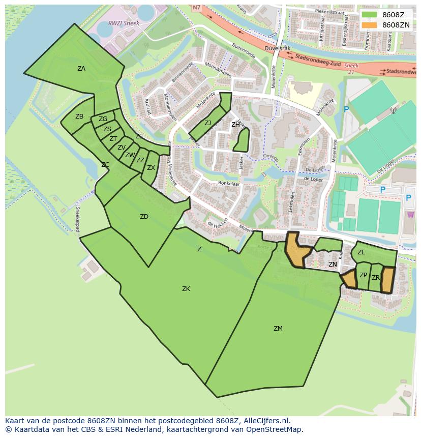 Afbeelding van het postcodegebied 8608 ZN op de kaart.